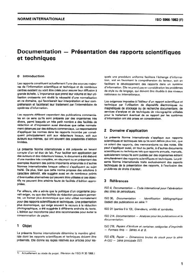 ISO 5966:1982 - Documentation -- Présentation des rapports scientifiques et techniques