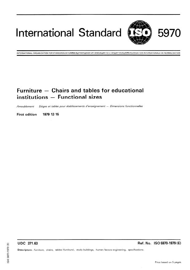 ISO 5970:1979 - Furniture -- Chairs and tables for educational institutions -- Functional sizes