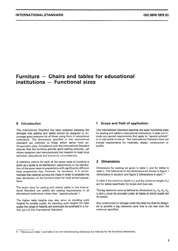 ISO 5970:1979 - Furniture -- Chairs and tables for educational institutions -- Functional sizes