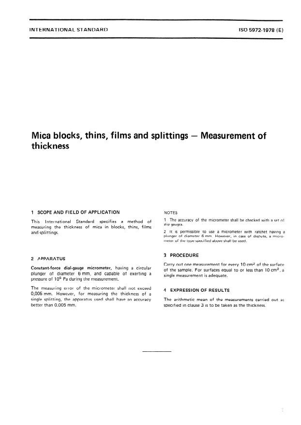 ISO 5972:1978 - Mica blocks, thins, films and splittings -- Measurement of thickness