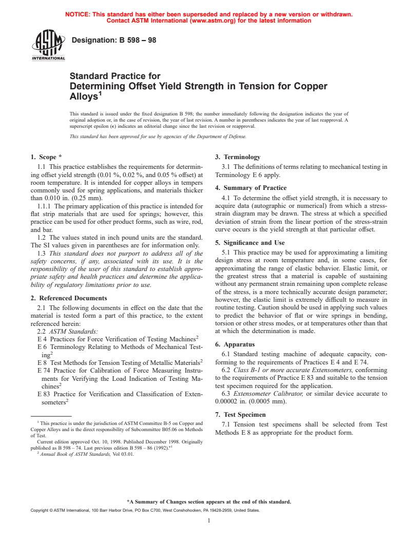 ASTM B598-98 - Standard Practice for Determining Offset Yield Strength in Tension for Copper Alloys