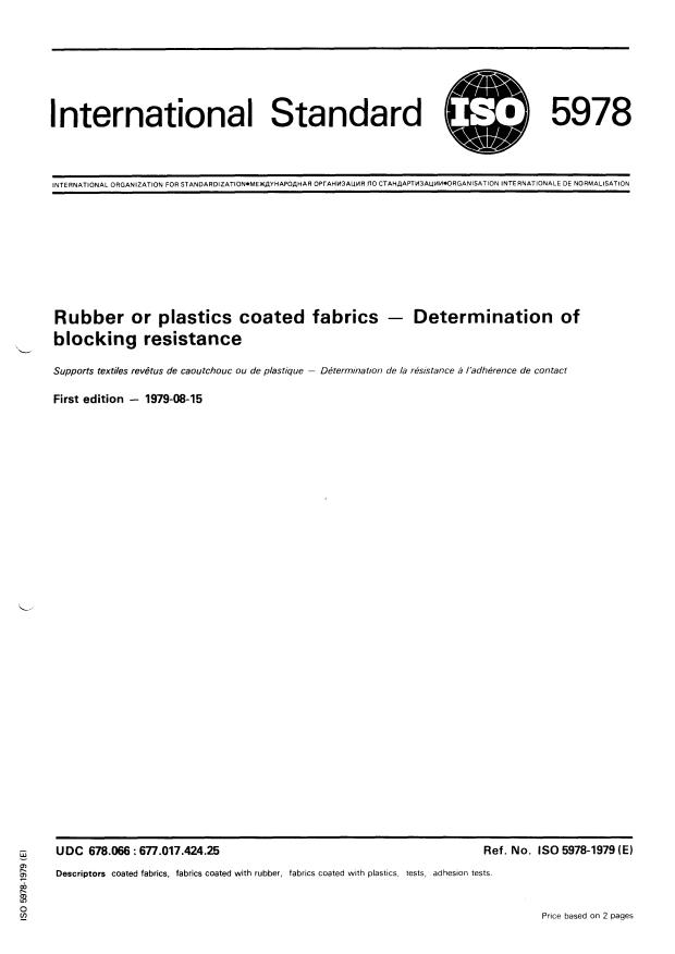 ISO 5978:1979 - Rubber or plastics coated fabrics -- Determination of blocking resistance