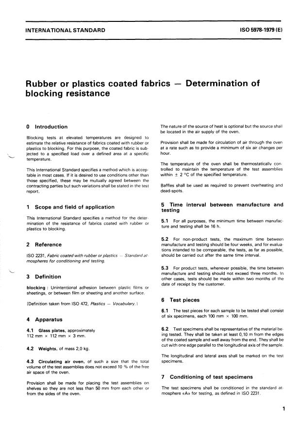 ISO 5978:1979 - Rubber or plastics coated fabrics -- Determination of blocking resistance