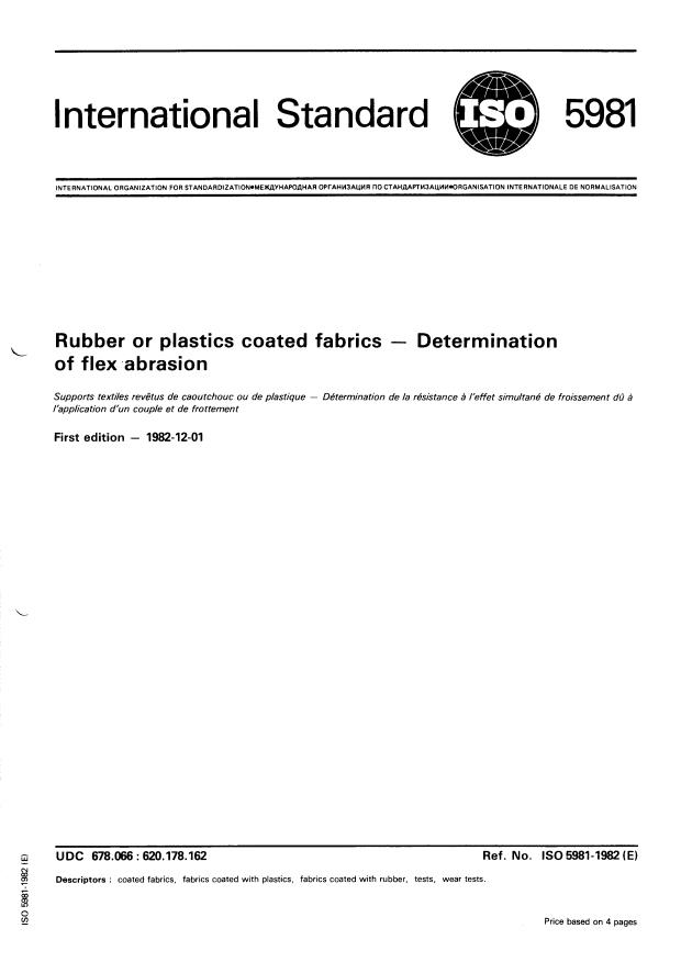 ISO 5981:1982 - Rubber or plastics coated fabrics -- Determination of flex abrasion