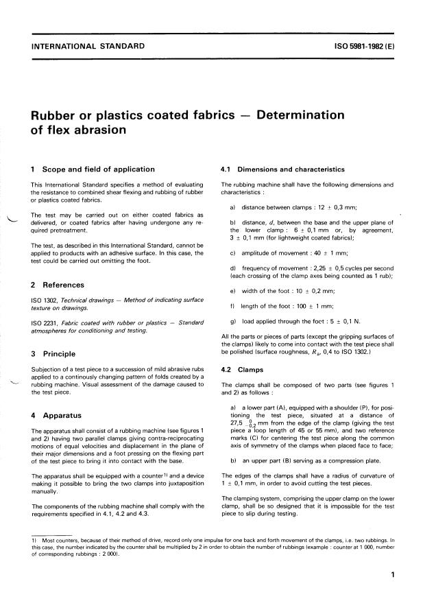 ISO 5981:1982 - Rubber or plastics coated fabrics -- Determination of flex abrasion