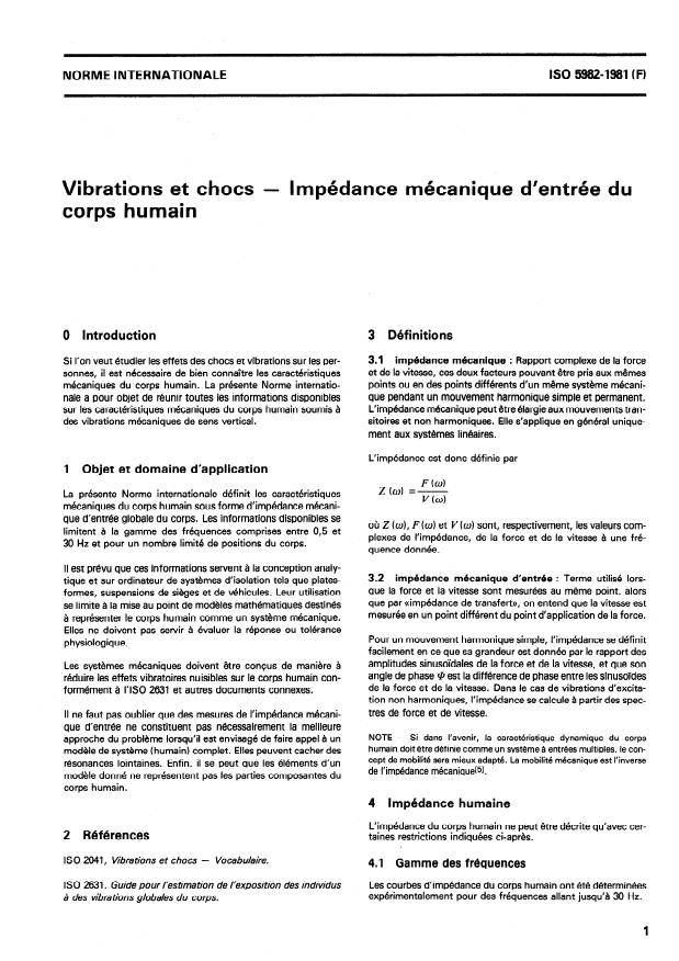 ISO 5982:1981 - Vibrations et chocs -- Impédance mécanique d'entrée du corps humain