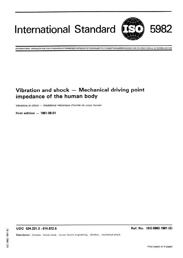 ISO 5982:1981 - Vibration and shock -- Mechanical driving point impedance of the human body
