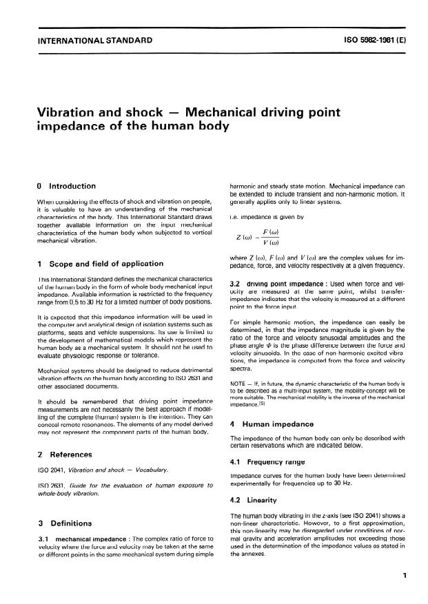 ISO 5982:1981 - Vibration and shock -- Mechanical driving point impedance of the human body
