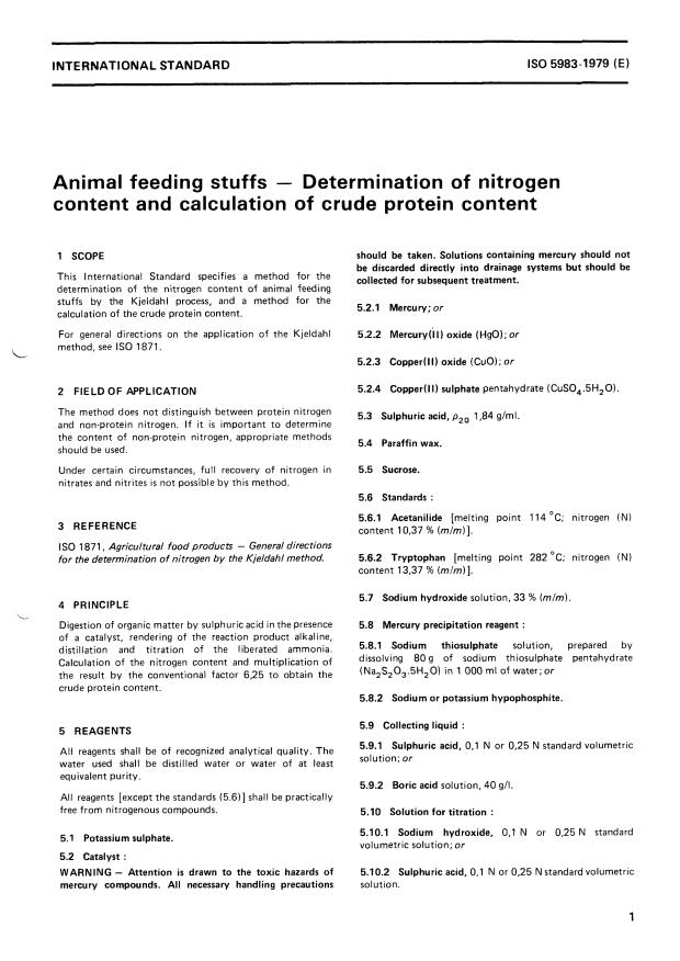 ISO 5983:1979 - Animal feeding stuffs -- Determination of nitrogen content and calculation of crude protein content