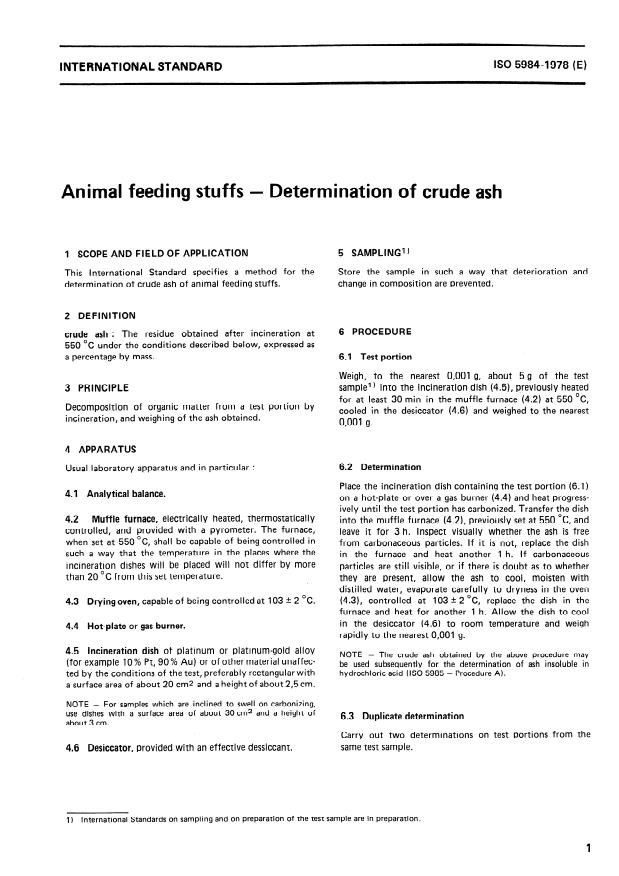 ISO 5984:1978 - Animal feeding stuffs -- Determination of crude ash
