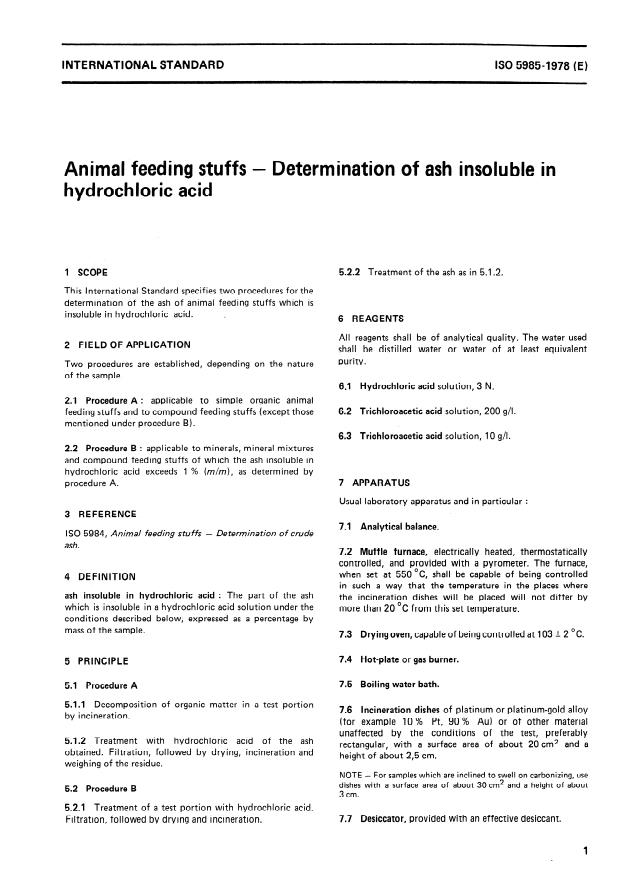 ISO 5985:1978 - Animal feeding stuffs -- Determination of ash insoluble in hydrochloric acid