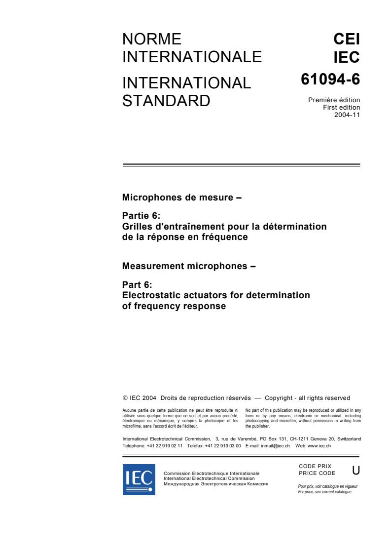IEC 61094-6:2004 - Measurement microphones - Part 6: Electrostatic actuators for determination of frequency response