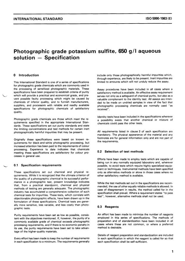 ISO 5990:1983 - Photographic grade potassium sulfite, 650 g/l aqueous solution -- Specification