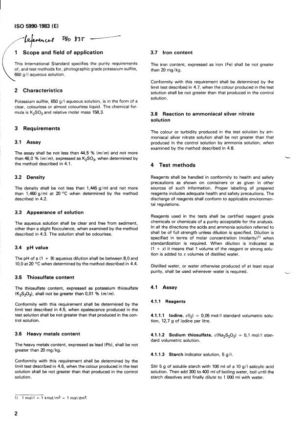 ISO 5990:1983 ISO 5990:1983 - Photographic grade potassium sulfite, 650 g/l aqueous solution -- Specification - Page 4 preview