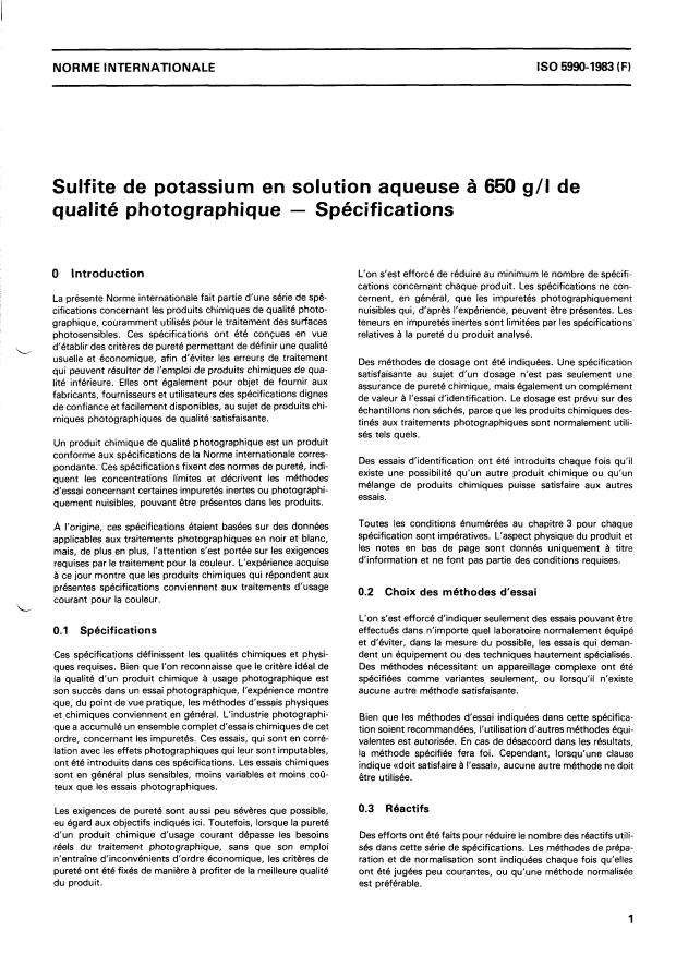 ISO 5990:1983 - Sulfite de potassium en solution aqueuse a 650 g/l de qualité photographique -- Spécifications