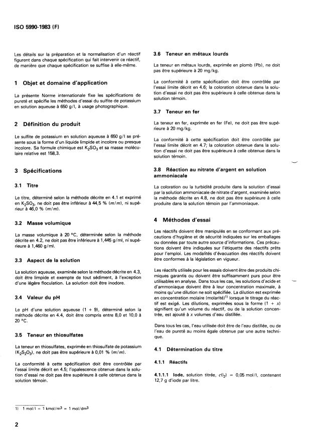 ISO 5990:1983 ISO 5990:1983 - Sulfite de potassium en solution aqueuse a 650 g/l de qualité photographique -- Spécifications - Page 4 preview
