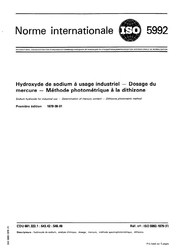 ISO 5992:1979 - Hydroxyde de sodium a usage industriel -- Dosage du mercure -- Méthode photométrique a la dithizone