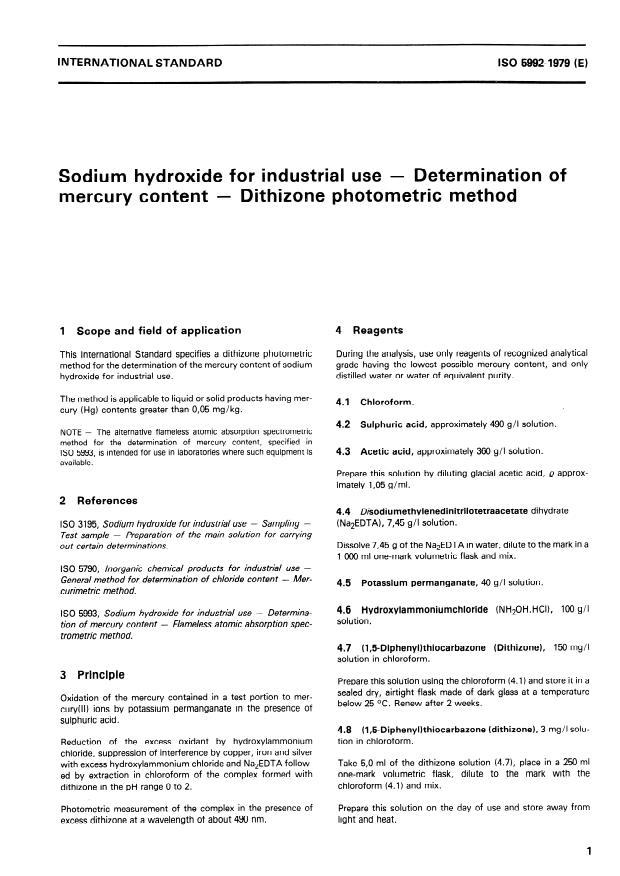 ISO 5992:1979 - Sodium hydroxide for industrial use -- Determination of mercury content -- Dithizone photometric method