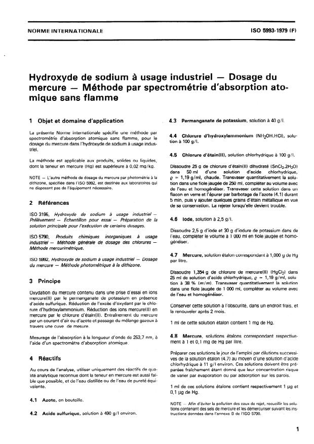 ISO 5993:1979 - Hydroxyde de sodium a usage industriel -- Dosage du mercure -- Méthode par spectrométrie d'absorption atomique sans flamme