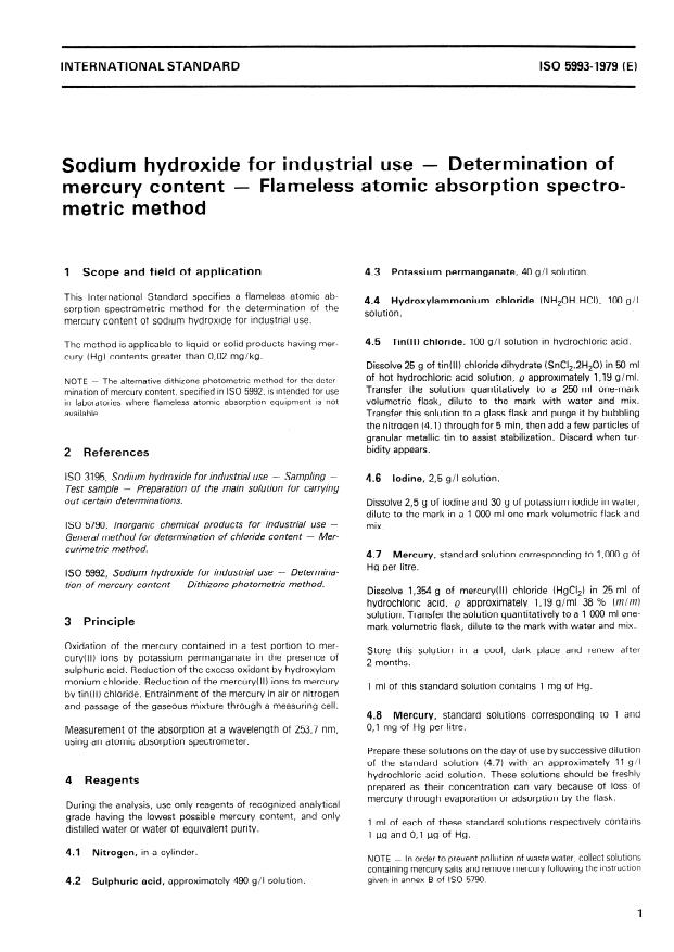 ISO 5993:1979 - Sodium hydroxide for industrial use -- Determination of mercury content -- Flameless atomic absorption spectrometric method