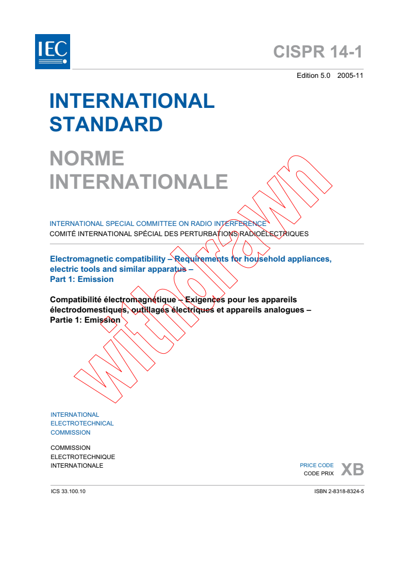 CISPR 14-1:2005 - Electromagnetic compatibility - Requirements for household appliances, electric tools and similar apparatus - Part 1: Emission
Released:11/11/2005
Isbn:2831883245