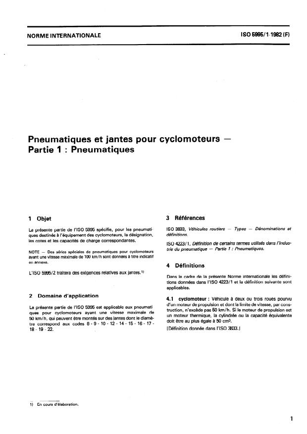 ISO 5995-1:1982 - Pneumatiques et jantes pour cyclomoteurs