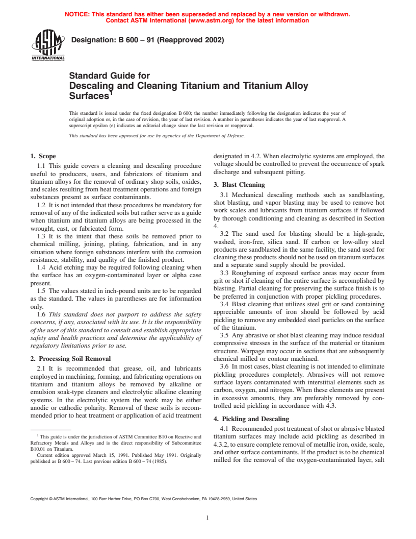 ASTM B600-91(2002) - Standard Guide for Descaling and Cleaning Titanium and Titanium Alloy Surfaces