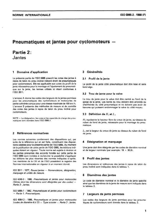 ISO 5995-2:1988 - Pneumatiques et jantes pour cyclomoteurs