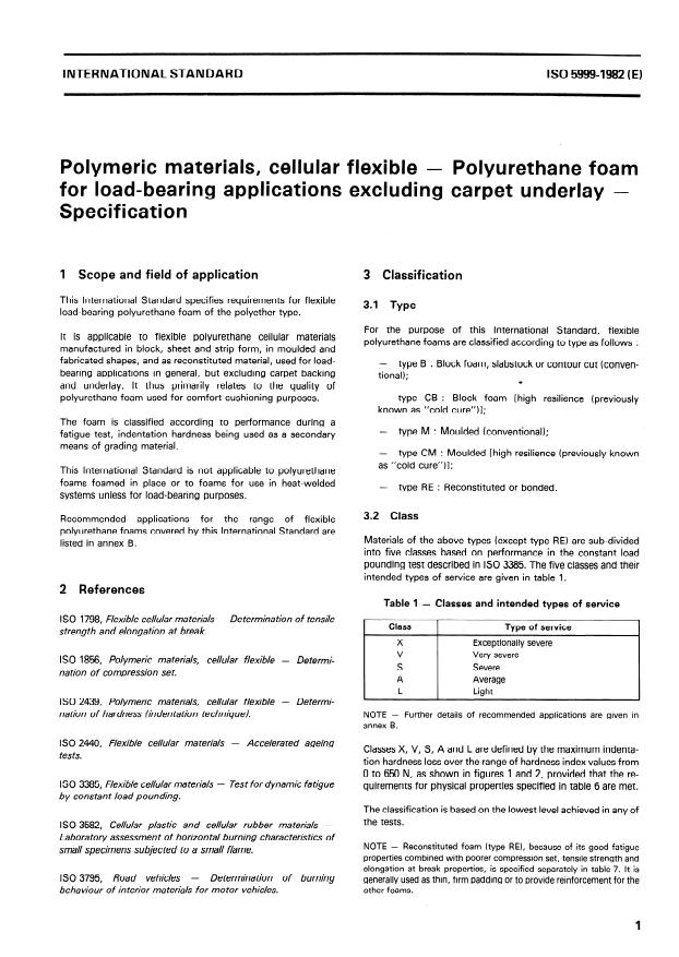 ISO 5999:1982 - Polymeric materials, cellular flexible -- Polyurethane foam for load-bearing applications excluding carpet underlay -- Specification