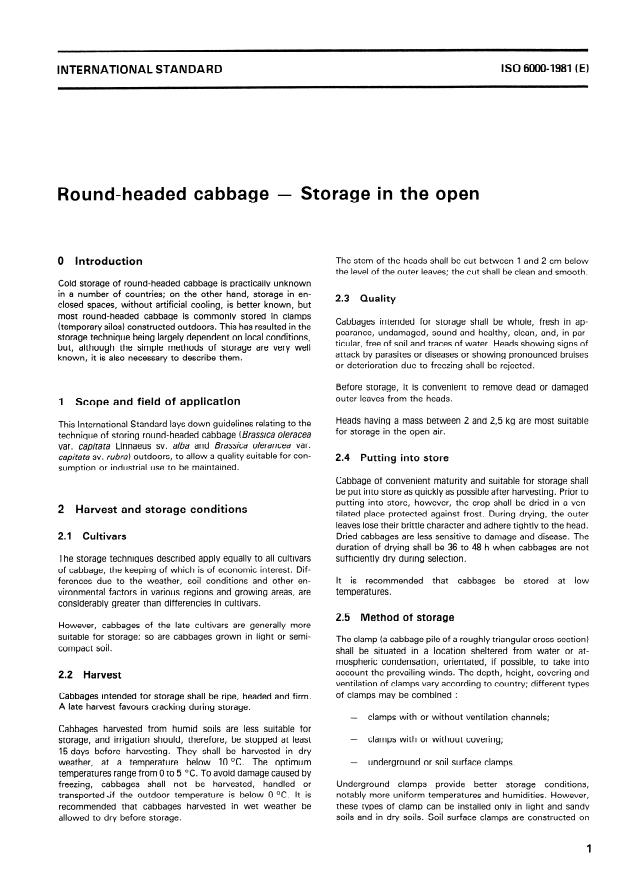 ISO 6000:1981 - Round-headed cabbage -- Storage in the open
