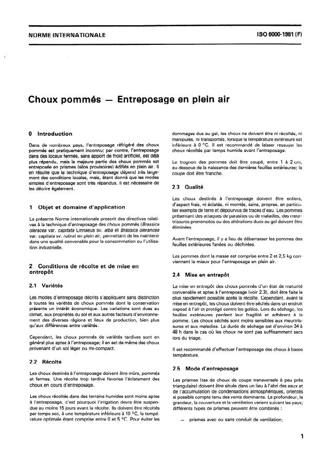 ISO 6000:1981 - Choux pommés -- Entreposage en plein air