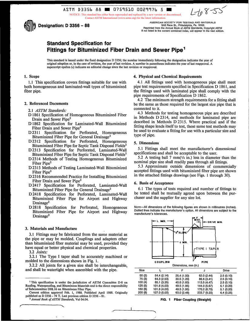 ASTM D3356-88 - Specifications for Fittings for Bituminized Fiber Drain and Sewer Pipe (Withdrawn 1992)