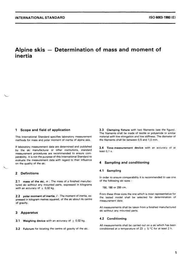 ISO 6003:1980 - Alpine skis -- Determination of mass and moment of inertia