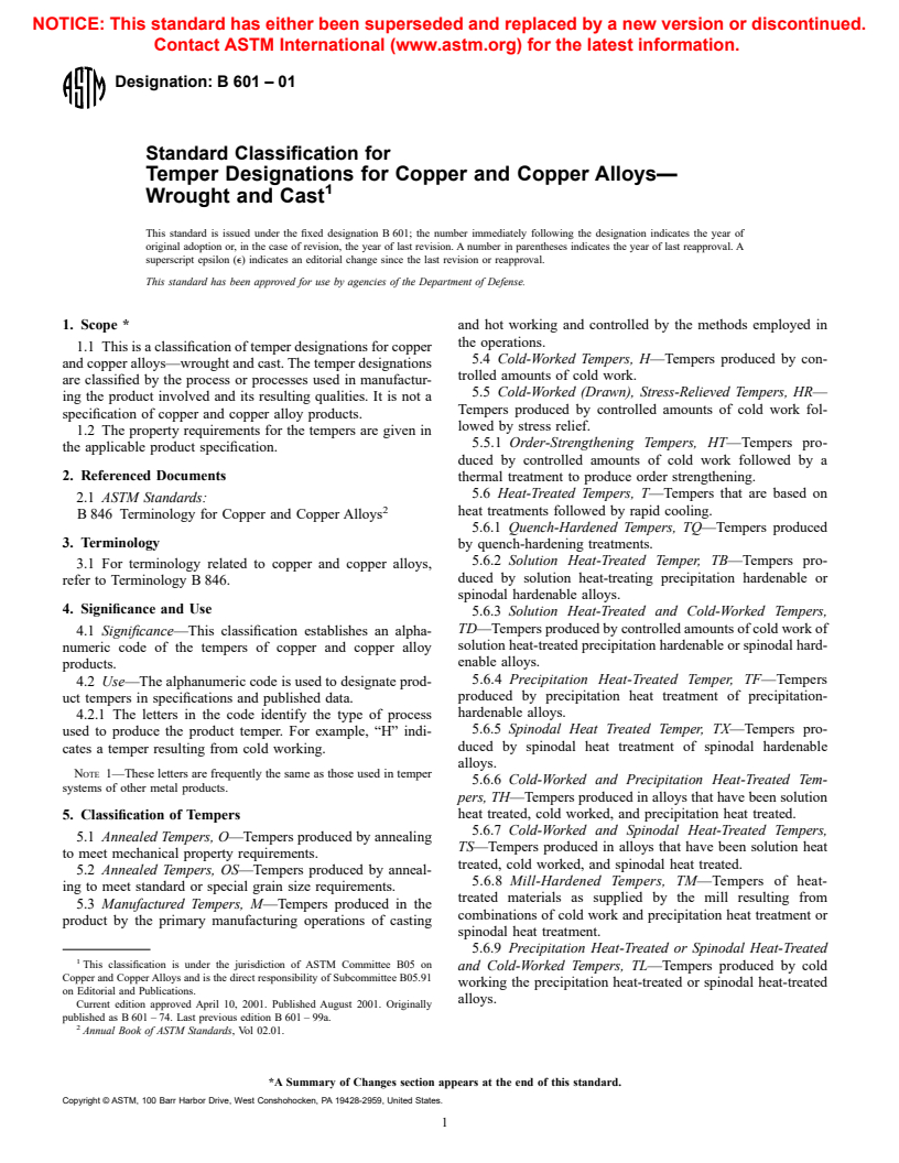 ASTM B601-01 - Standard Classification for Temper Designations for Copper and Copper Alloys-Wrought and Cast