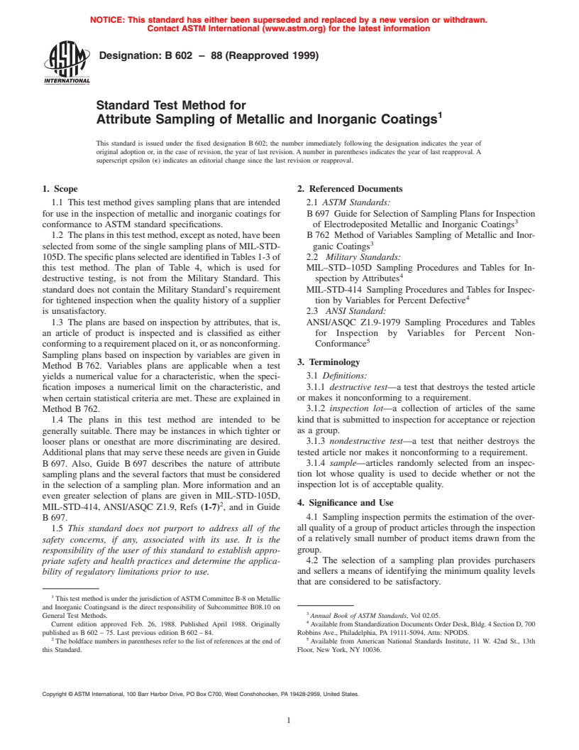 ASTM B602-88(1999) - Standard Test Method for Attribute Sampling of Metallic and Inorganic Coatings