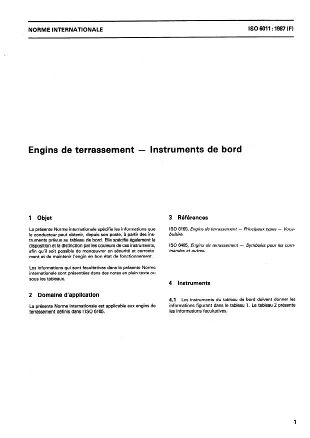 ISO 6011:1987 - Engins de terrassement -- Instruments de bord