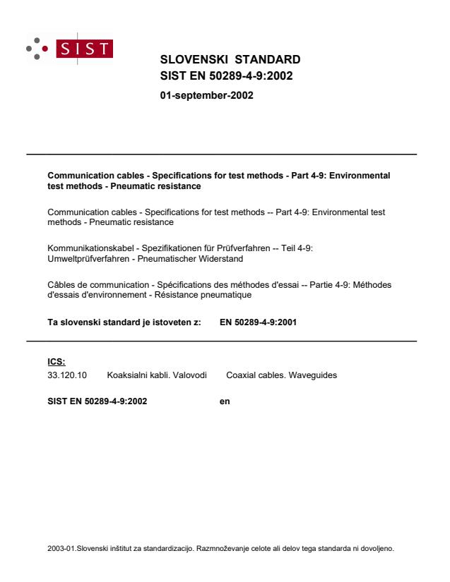 SIST EN 50289-4-9:2002 SIST EN 50289-4-9:2002 - Page 1 preview