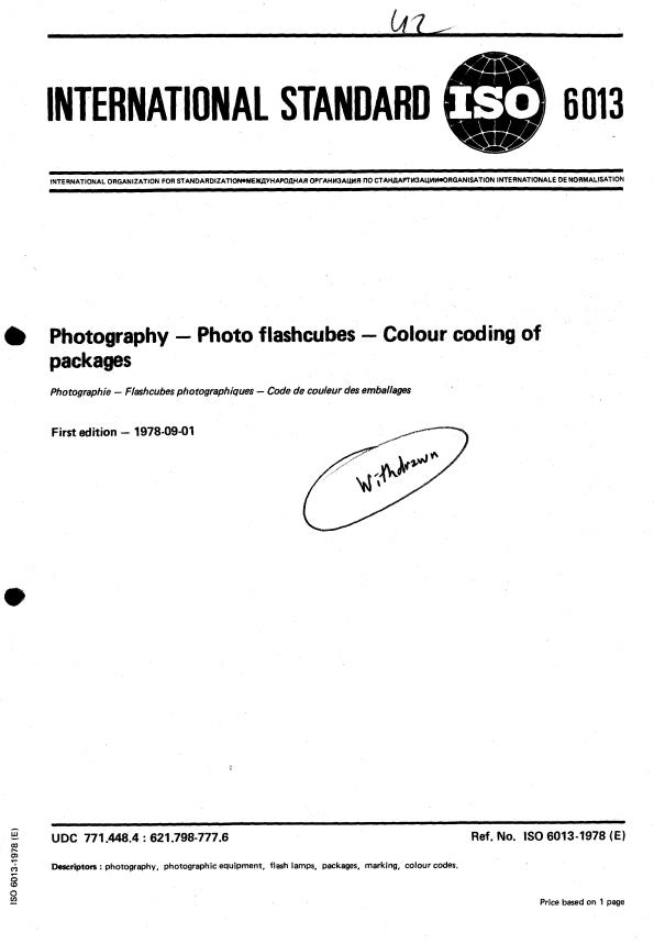 ISO 6013:1978 - Photography -- Photo flashcubes  -- Colour coding of packages