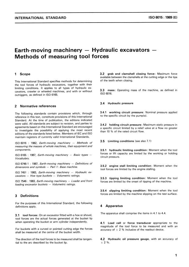 ISO 6015:1989 - Earth-moving machinery -- Hydraulic excavators -- Methods of measuring tool forces
