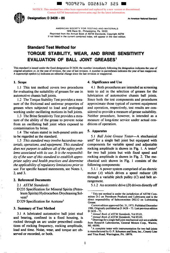 ASTM D3428-86 - Method of Test for Torque Stability Wear and Brine Sensitivity Evaluation of Ball Joint Greases (Withdrawn 1990)