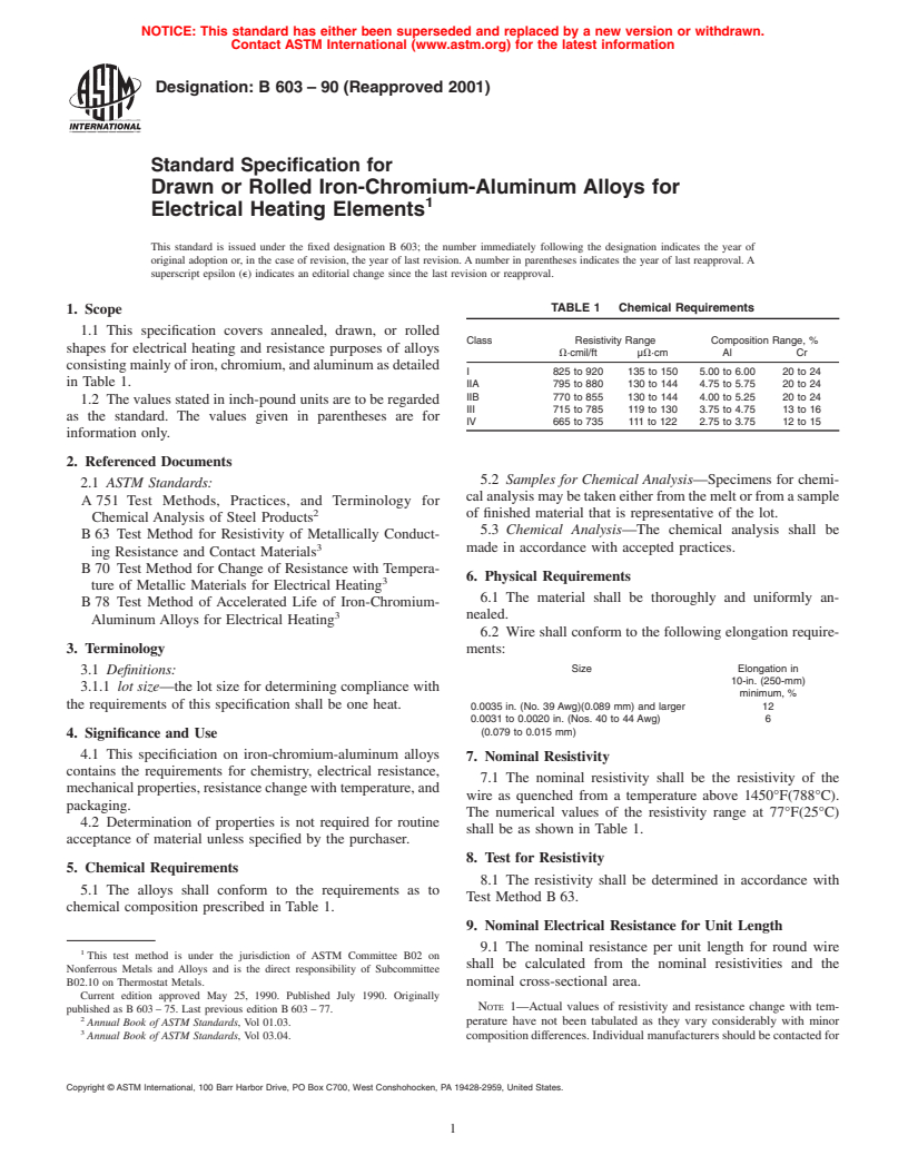 ASTM B603-90(2001) - Standard Specification for Drawn or Rolled Iron-Chromium-Aluminum Alloys for Electrical Heating Elements