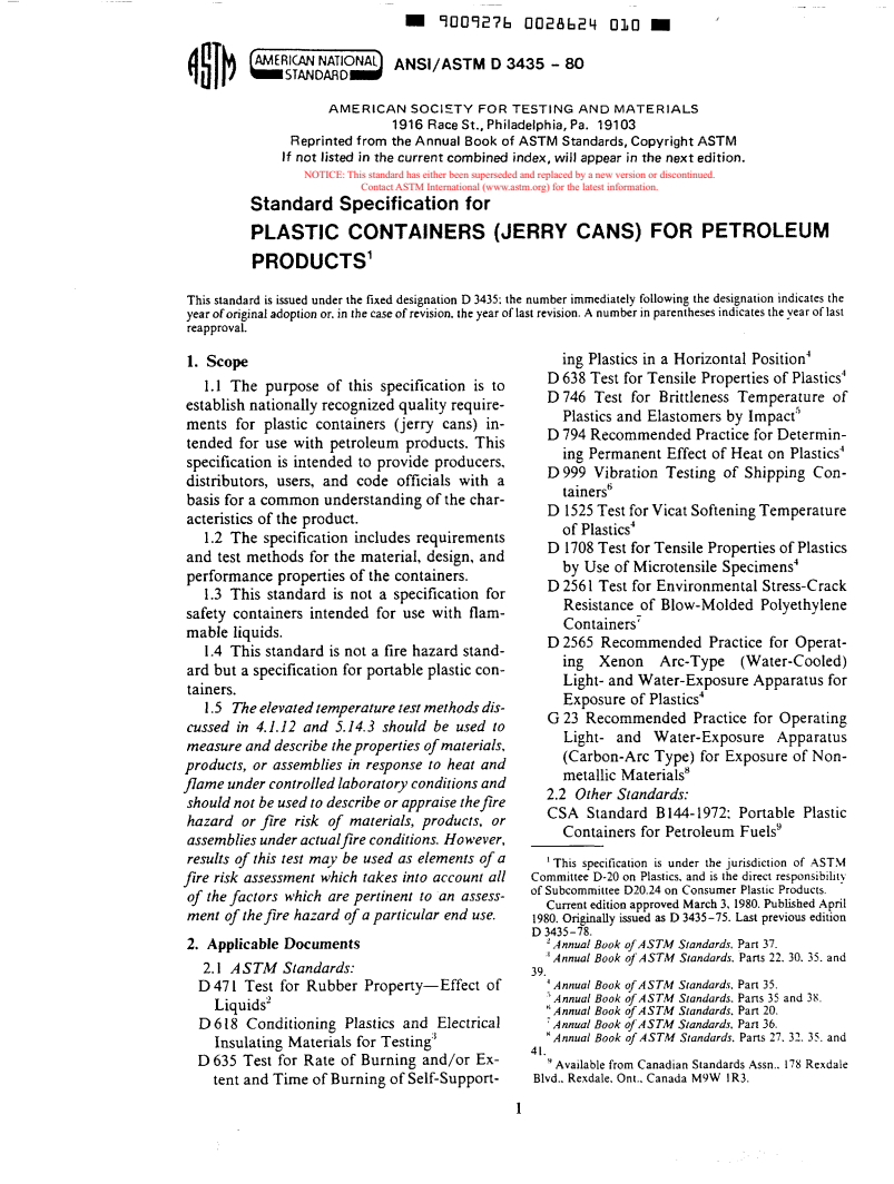 ASTM D3435-80 - Specification for Plastic Containers (Jerry Cans) for Petroleum Products (Withdrawn 1987)