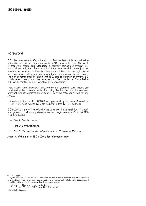 ISO 6020-3:1994 ISO 6020-3:1994 - Hydraulic fluid power -- Mounting dimensions for single rod cylinders, 16 MPa (160 bar) series - Page 2 preview