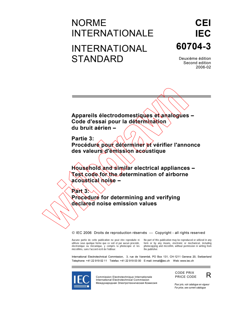 IEC 60704-3:2006 - Household and similar electrical appliances - Test code for the determination of airborne acoustical noise - Part 3: Procedure for determining and verifying declared noise emission values
Released:2/13/2006
Isbn:2831884918