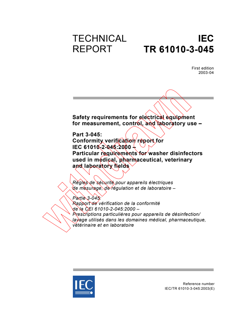 iec61010-3-045{ed1.0}en - IEC TR 61010-3-045:2003 - Safety requirements for electrical equipment for measurement, control, and laboratory use - Part 3-045: Conformity verification report for IEC 61010-2-045:2000 - Particular requirements for washer disinfectors used in medical, pharmaceutical, veterinary and laboratory fields
Released:4/25/2003
Isbn:2831869595