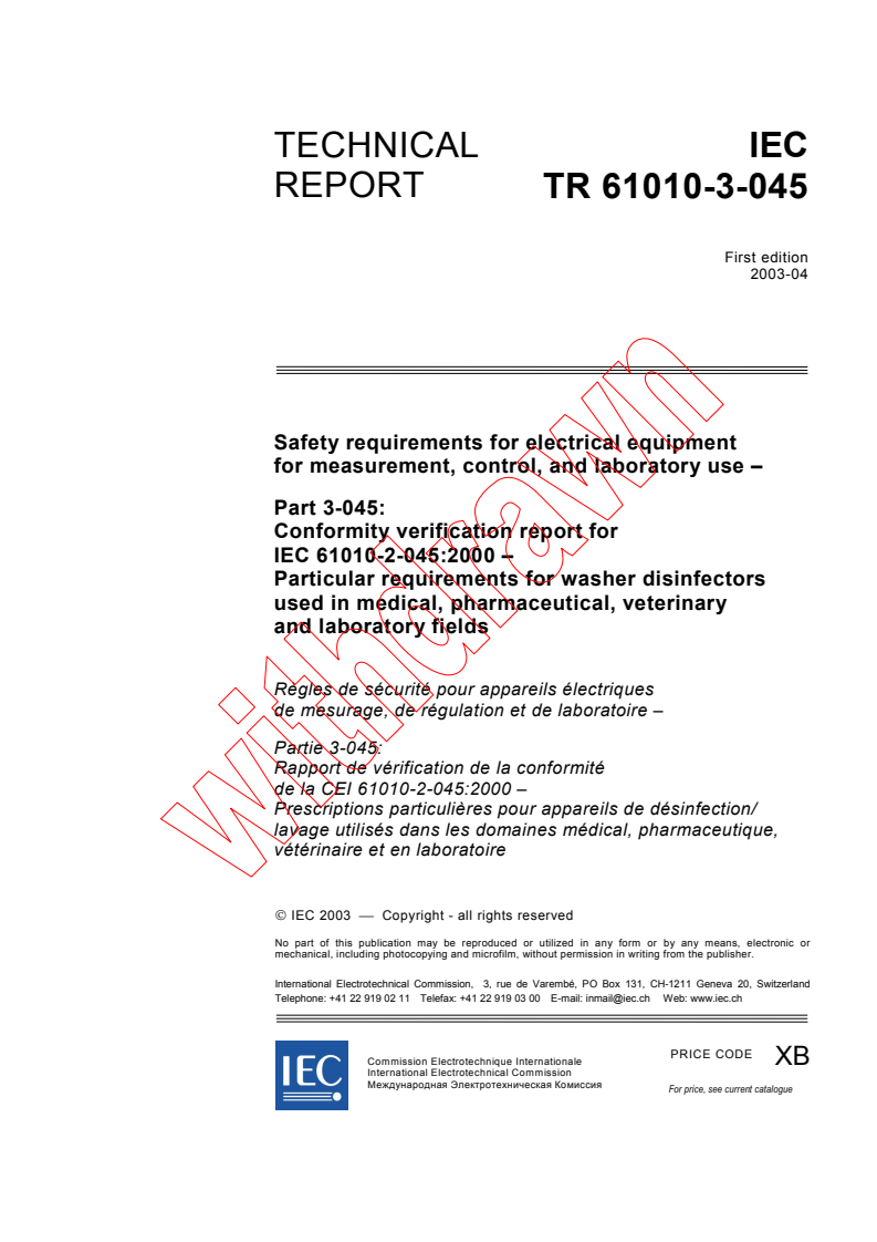 iec61010-3-045{ed1.0}en - IEC TR 61010-3-045:2003 - Safety requirements for electrical equipment for measurement, control, and laboratory use - Part 3-045: Conformity verification report for IEC 61010-2-045:2000 - Particular requirements for washer disinfectors used in medical, pharmaceutical, veterinary and laboratory fields
Released:4/25/2003
Isbn:2831869595