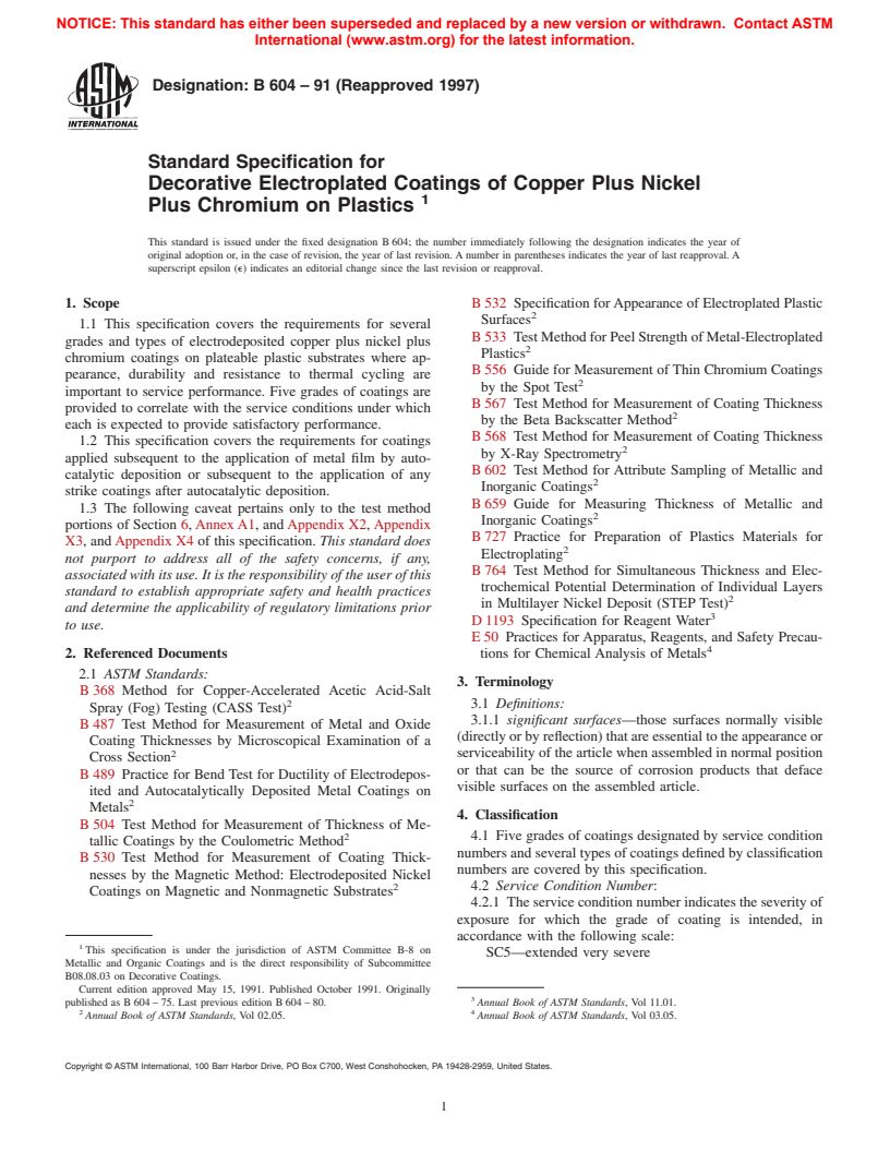ASTM B604-91(1997) - Standard Specification for Decorative Electroplated Coatings of Copper Plus Nickel Plus Chromium on Plastics