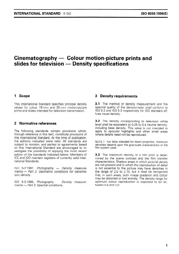 ISO 6036:1996 - Cinematography -- Colour motion-picture prints and slides for television -- Density specifications