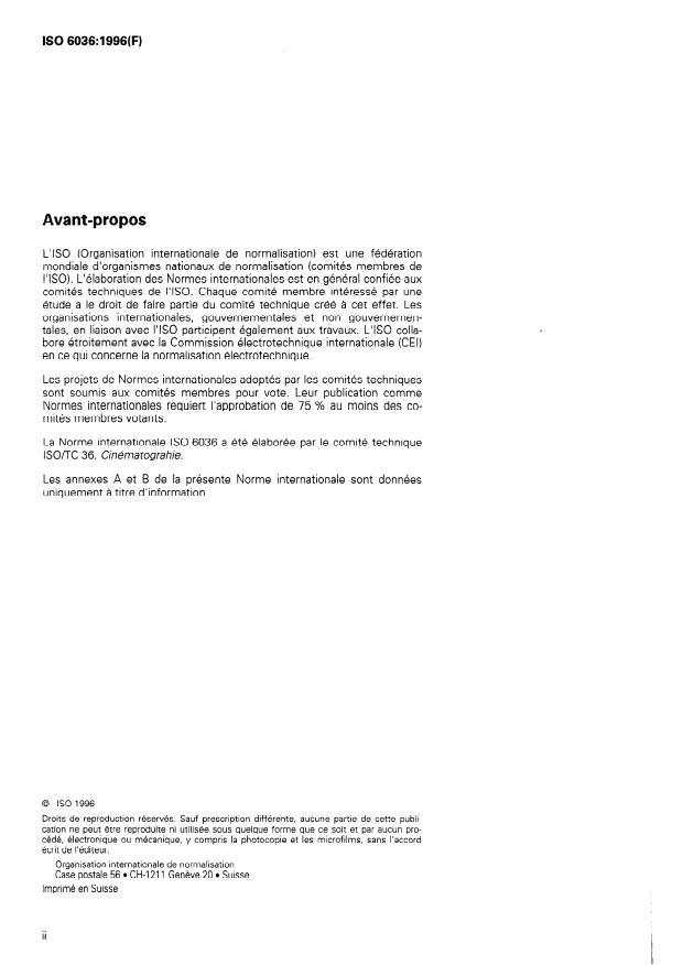 ISO 6036:1996 ISO 6036:1996 - Cinématographie -- Copies et diapositives cinématographiques couleur pour la télévision -- Spécifications des densités - Page 2 preview