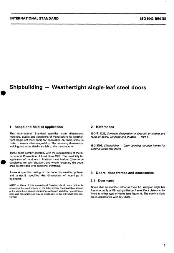 ISO 6042:1980 - Shipbuilding  -- Weathertight single-leaf steel doors